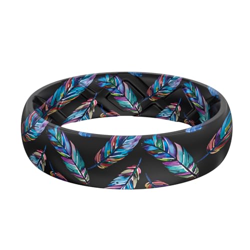 Egnaro Silicone Statement Ring Women, Floral Patterned Rubber Wedding Band | 5.2mm Wide 2mm Thick Printed Style, Inner Arch and Breathable X Grooves for Gym Workout Travel Work Pregnancy Daily Wear - color: SETS-Gradient Feather