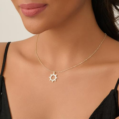 Dainty Gold Necklace: 14k Gold Plated Dianty Boots Bow Sun Moon Horse Evil Eye Conch Seahorse Necklace for Women 16.5"+2" - color: Sun