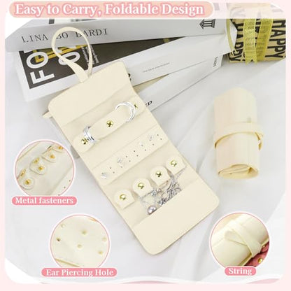Travel Jewellery Organizer, Foldable Roll-Up Jewelry Travel Pouch, Portable Small Jewelry Travel Case for Necklaces Rings Earrings (Beige) - color: Beige