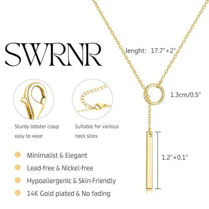 Lariat Necklace for Women, Dainty 14K Gold/Silver Plated Long Necklaces for Women Trendy Simple Layered Y-Shaped Pendant Necklace Adjustable Fashion Jewelry Gift - color: Gold, style: Bar Pendant