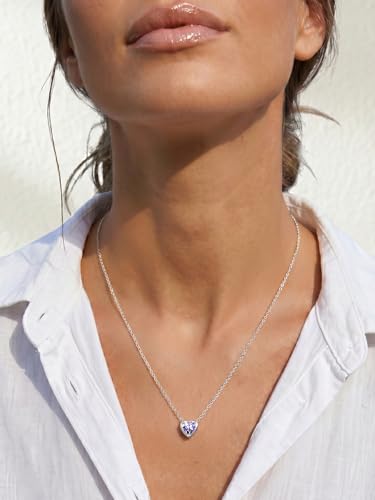 Silvora Heart/Round Birthstone Necklace for Women, Sparkling Crystal Pendant, Dainty Birth Month Jewelry, Adjustable 16"+2" Chain - color: Silver, style: February Heart