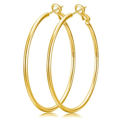 Senteria 2mm Thin 925 Sterling Silver Hoop Earrings for Women Hypoallergenic - color: gold 30mm
