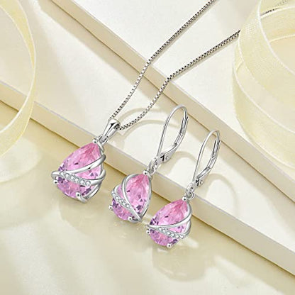 Birthstone Pendant Necklace 925 Sterling Silver Teardrop Jewelry for Women - color: Pink