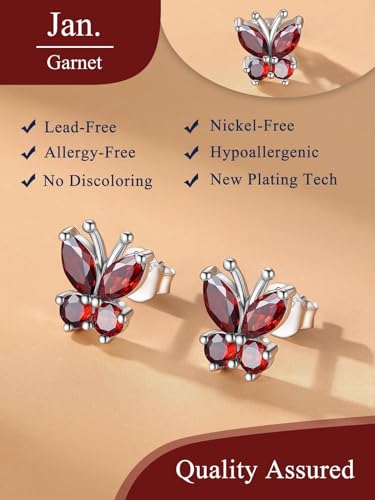 Suplight Butterfly Stud Earrings 925 Sterling Silver 14K Gold Brithstone Earrings for Women Brithstone Jewelry Gifts - color: 01.January ( Garnet), size: Silver