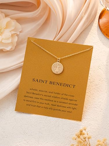 Baydurcan Dainty Gold Necklace for Women Ankh Mom Jesus Sun Star Necklace | 14K Gold Plated Pendant Necklaces Gifts for Friends Sister Mother, Birthday, Christmas, Graduation, Inspirational Gifts - style: Saint Benedict