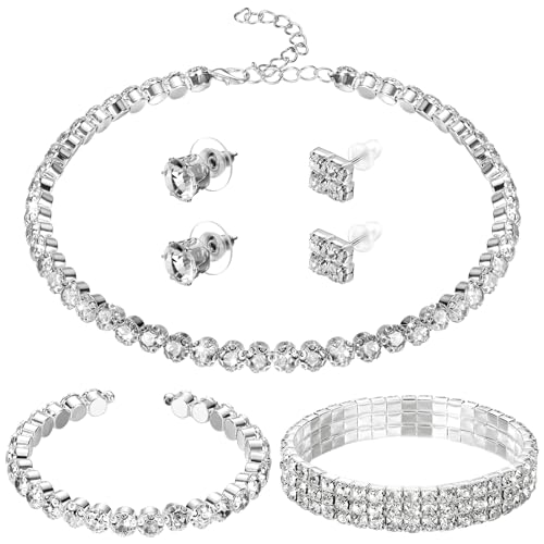 Glenmal Pearl Rhinestone Jewelry Set for Women Pearl Necklace Bracelet Earrings for Wedding Halloween Bridal Shower Tea Party - style: Fresh Style