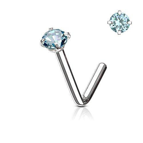 Round CZ L Bend Nose Stud Ring 316L Surgical Steel (CHOOSE SIZE & COLOR) - style: 20 GA Aqua