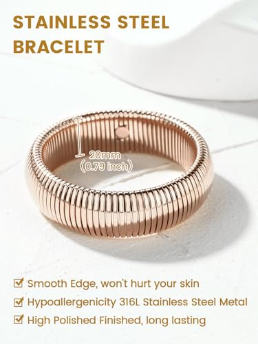 KeyStyle Bangle Bracelets For Women, Stainless Steel Stretch Bracelet Wide | 14K Gold/Rose Gold/Black/Silver Plated Flexible Wide Twisted Link Chain Wristband Jewelry, 10Mm, 16Mm, 20Mm - color: 20mm - Rose Gold