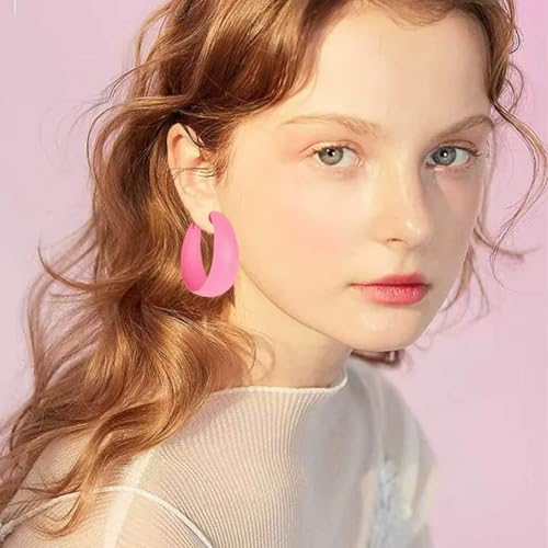 Anmpab Large Matte Round Hoop Earrings for Women Retro Geometric Pierced Neon Color Circle Dangle Earrings Party Jewelry - color: Pink
