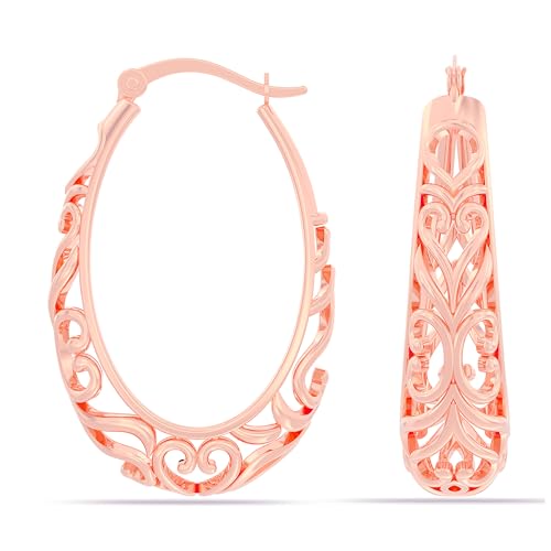 LeCalla 925 Sterling Silver Hoop Earrings | Women's Filigree Hoop Earrings | Openwork Mesh Filigree Cut Earring | Lightweight & Hypoallergenic Vintage Hoop Earrings for Women - style: Rose-Gold / Oval Filigree