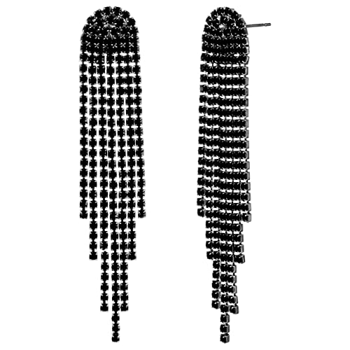 Mlouye 3.3"L Rhinestone Earrings Dangling Long Fringe Crystals Chandelier Dangle Drop Earrings for Women - color: 1-Pierced-Black