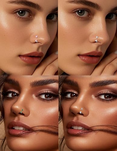 Horseshoe Nose Ring for Women Surgical Steel 18G Double Gem Nose Ring Hoop Cartilage Helix Daith Tragus Half Hoop Earrings Septum Labret Lip Eyebrow Piercing Jewelry Silver Plated - color: A: Silver 6Pcs(blue)