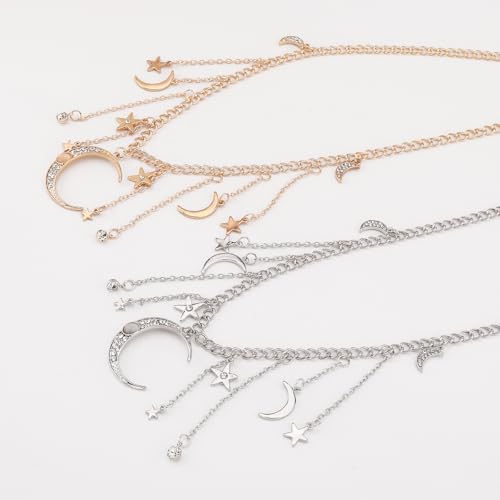 Moon Star Waist Chain for Women Gold/Silver Plated Metal Tassel Waist Chain Women Adjustable Bohemia Body Link Belts Body Belly Jewelry for Jeans Dresses - color: Gold
