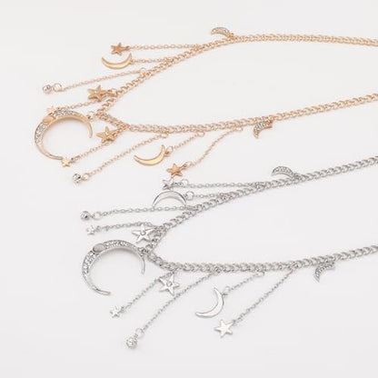 Moon Star Waist Chain for Women Gold/Silver Plated Metal Tassel Waist Chain Women Adjustable Bohemia Body Link Belts Body Belly Jewelry for Jeans Dresses - color: Gold