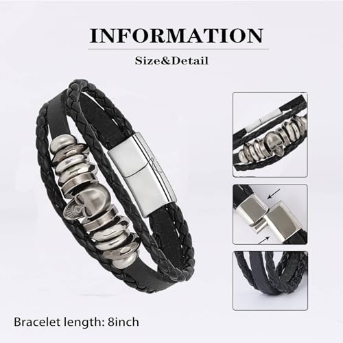 6Pcs Men Braided Leather Bracelet Black Punk Rock Skull Bracelet - color: C: Black