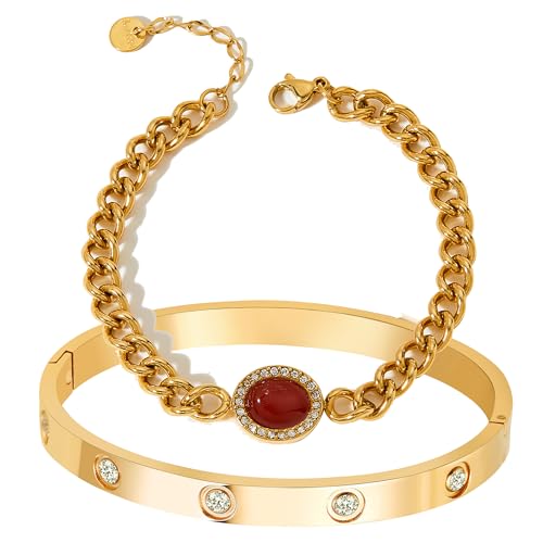 A D. ALLEN & DANMI. 18 K Gold Plated Love Bangle Bracelet Set Flexible Wide Wristband Bangle Bangle Set for Love - color: 2 Sests (Red Stone)