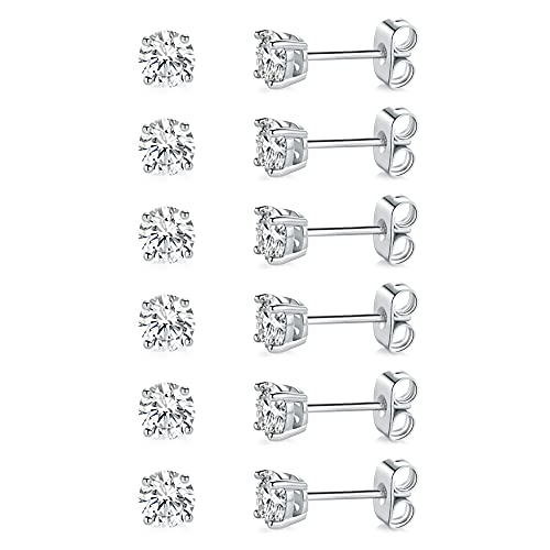 MDFUN Hypoallergenic CZ Stud Earrings Set for Women/Men,6 Pairs 18K Gold Plated Round 3-8mm Clear Cubic Zirconia Earring Pack Jewelry Gift - color: White gold-5mm-6 pairs