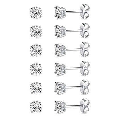MDFUN Hypoallergenic CZ Stud Earrings Set for Women/Men,6 Pairs 18K Gold Plated Round 3-8mm Clear Cubic Zirconia Earring Pack Jewelry Gift - color: White gold-5mm-6 pairs