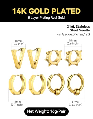 ChainsHouse Stud Earrings for Men Women,316L Stainless Steel/14K Gold/Black Plated Metal, Punk Hypoallergenic Surgical Huggie Hoop Earrings Mens Jewelry Piercing Hoop Earrings - style: F: Gold-Different Disign(4 Pairs)