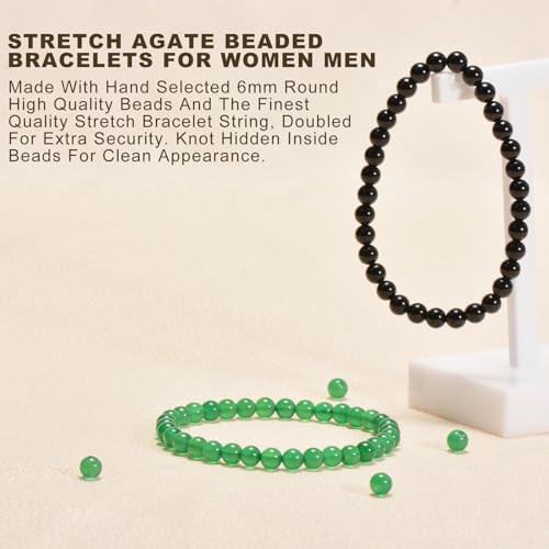 2PCS Agate Bracelet for Women Men Natural Round Beaded Agates Stone Healing Stretch Bracelets Elastic Handmade Polished Gemstone Beads Bracelet - color: Black+Green, size: 6mm Beads