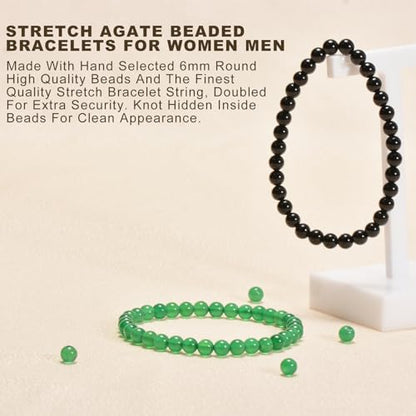 2PCS Agate Bracelet for Women Men Natural Round Beaded Agates Stone Healing Stretch Bracelets Elastic Handmade Polished Gemstone Beads Bracelet - color: Black+Green, size: 6mm Beads
