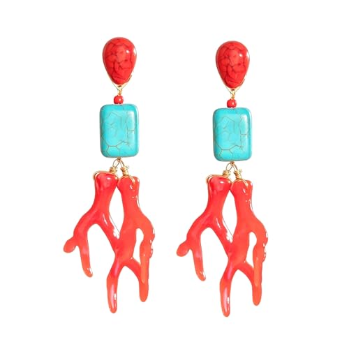 Acrylic Coral Dangle Earrings for Women Bohemian Turquoise Coral Branch Geometric Long Earrings Conch Corals Tassel Earrings Beach Ocean Charm Statement Jewelry - color: Red
