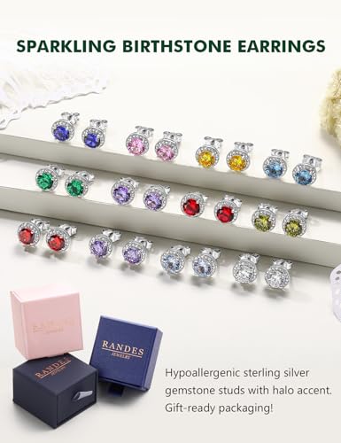 Dainty Birthstone Earrings for Women Sterling Silver Small Stud Earrings with Halo Cushion/Round Created Gemstone Earrings Birthstone Jewelry - style: B 10. Oct./created pink sapphire-round cut