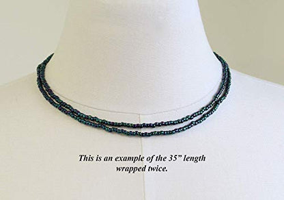 Kathy Bankston Handmade Metallic Blue Purple Seed Bead Necklace, Thin 2mm Single Strand Beaded Necklace