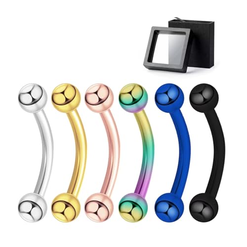 Surgical Stainless Steel Curved Barbell Eyebrow Tragus Helix Ear Belly Lip Ring Body Piercing Jewelry Set - Silver, Gold, Rose Gold, Multicolor, Blue, Black - Stylish Eyebrow Rings for Women, Vertical Labret Lip Piercing Included - size: 6 mixed colors-ba