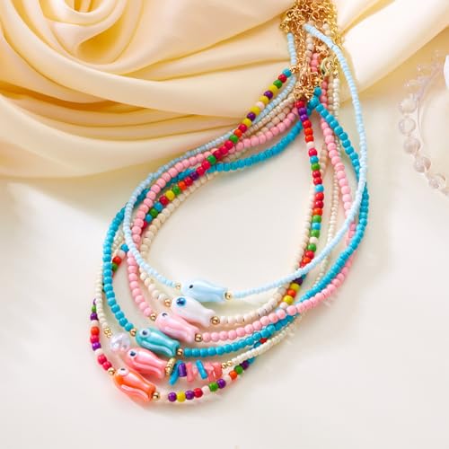 Seed Bead Choker Necklace for Women Bohemian Tiny Beads Choker Colorful Rice Bead Starfish Choker Summer Surfer Beach Necklace Jewelry Gift - color: F - Pearl Fish