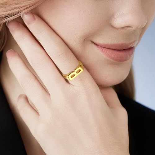 Cicy Bell Initial Rings for Women 18k Gold Plated Adjustable Rings | Open Signet Rings, Bold Letter, Personalized Engraved, For Party - color: Initial-B