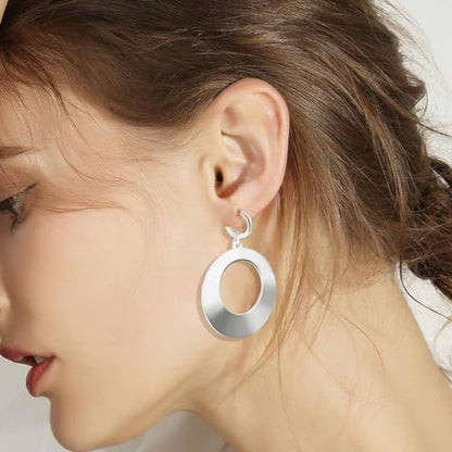 Dangle Hoop Earrings for Women,14k Gold/Silver Plated Geometric Hoops Earrings with High Polished Surface,Hypoallergenic Huggie Drop & Dangle earrings for Women - color: Round-Silver