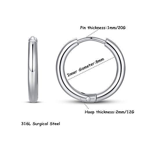 FOSIR Stainless Steel Small Huggie Hoop Earrings for Women Men Cartilage Earring Hoops, 6/8/10/12mm Diameter - style: 8mm Silver(2pcs)