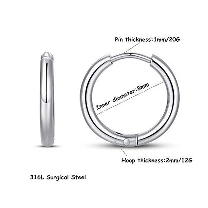 FOSIR Stainless Steel Small Huggie Hoop Earrings for Women Men Cartilage Earring Hoops, 6/8/10/12mm Diameter - style: 8mm Silver(2pcs)