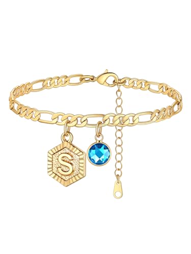 Custom4U Personalized Initial Ankle Bracelets for Women 14K Gold Plated Dainty CZ Birthstone Hexagon Letter Initial Anklets for Women Adjustable Silver/Gold Foot Chain Summer Beach Jewelry Gifts - color: Gold Hexagon-S