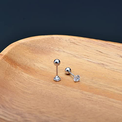 Screw Back Sterling Silver Cubic Zirconia Earrings Studs 3 MM - color: Colorless