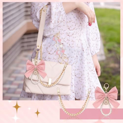 Sureio 5 Pcs Bag Extender Chain Pearl Purse Chain Ribbon Bow Keychain Extender Bag Strap Purse Charms Accessories for Handbag - color: Pink and White