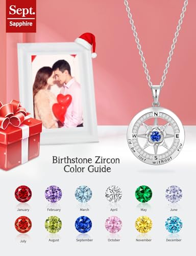 Meeshi Silver Compass Necklace for Women Birthday Gifts for Wife Anniversary Necklace for Women Rose Flower Birthstone Necklaces for Wife Jewelry for Womens Girlfriend Mom Daughter - style: 09-September-Sapphire