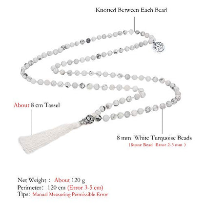 108 Mala Beads Necklace Semi-Precious Gem Stones Meditation Necklace 108 Hand Knotted Japa Mala Beaded Tassel Necklace with Tree of Life Pendant - color: Natural White Howlite