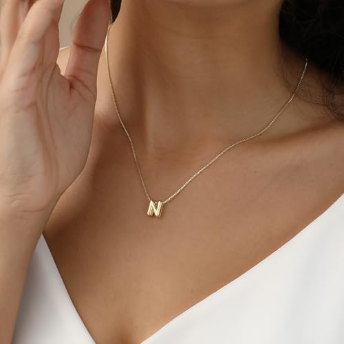 14K Gold Plated Bubble Letter Necklace, Tarnish Free and Waterproof Dainty Initial Necklace for Women, Trendy Personalized Gold Jewelry Gift for Her - color: Gold, style: N
