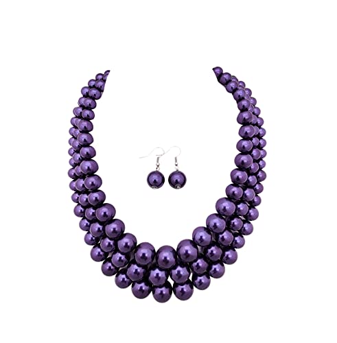 Fashion 21 Women's Faux Pearl Three Multi-Strand Statement Necklace and Earrings Set - color: Purple