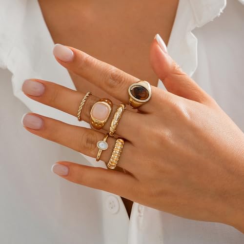 Chunky Rings for Women Stackable Vintage Adjustable Rings for Women Gold Statement Stone Ring Set Non Tarnish Vintage Jewelry - style: Gold 3