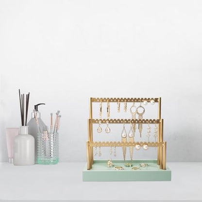 SANY DAYO HOME 3-Tier Earring Holder Organizer Stand, 105 Holes Gold Metal Earring Rack Jewelry Display Tree with Sage Green Wood Tray for Women and Girls - color: Gold Rack Green Base