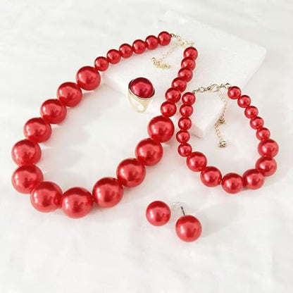 Chunky Beaded Jewelry Set, Necklace Earrings Bracelet Ring for Women Party | Simulated pearl jewelry set, necklace earrings bracelet & ring. Elegant chunky beaded, ideal gift for wedding and daily wear. - color: Red