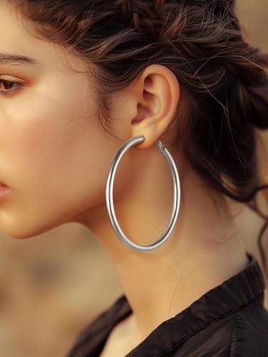 FindChic Hoop Earrings for Women, Silver/Black/14K Gold Plated Hypoallergenic Hollow Round Tube Loop Earrings, 20mm/30mm/40mm/60mm/80mm Chunky Hoops with Custom Name Options & Gift Box - color: b.Silver, size: 80MM