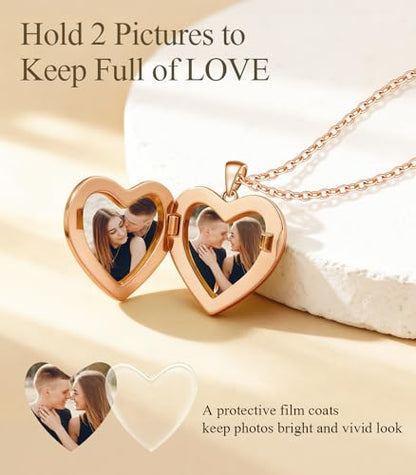 Heart Locket Necklace for Women - 16K Gold Silver Plated Photo Lockets Necklace that Hold 2 Pictures - Great Gift to Keepsake Full of Love and Remembrance, 16.8+2.2 Inch Extension Chain - color: Rose Gold