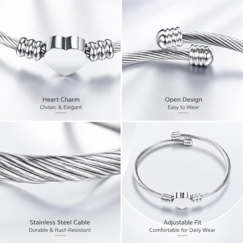Stainless Steel Heart Charm Snake Chain Bracelet - Adjustable Silver Bangle for Women, Hypoallergenic Waterproof Jewelry Gift for Birthday, Anniversary, Valentine's Day - color: Silver White-C