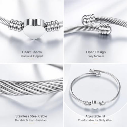 Stainless Steel Heart Charm Snake Chain Bracelet - Adjustable Silver Bangle for Women, Hypoallergenic Waterproof Jewelry Gift for Birthday, Anniversary, Valentine's Day - color: Silver White-C