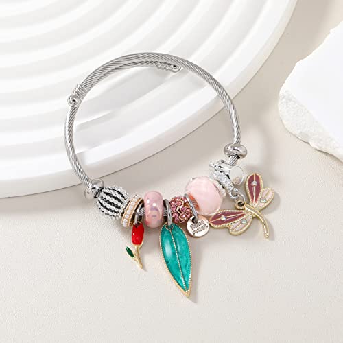 DS Charm Bracelets for girls,exquisite cute cartoon friendship bracelets Silver Stainless Steel Bangle with birthday Gift box, Adjustable girls jewelry Suitable for holiday gifts - style: Silver-pink Dragonfly