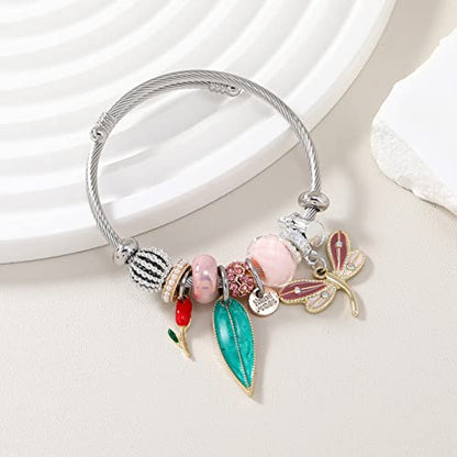 DS Charm Bracelets for girls,exquisite cute cartoon friendship bracelets Silver Stainless Steel Bangle with birthday Gift box, Adjustable girls jewelry Suitable for holiday gifts - style: Silver-pink Dragonfly